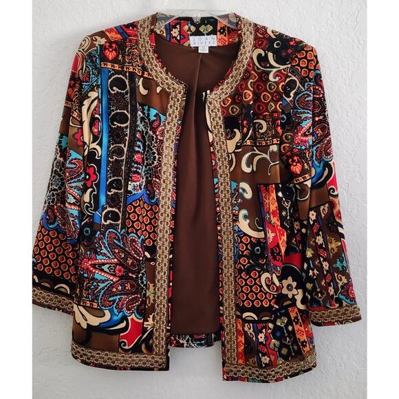 TOP-JACKET-JOAN RIVERS-Brown-Blue-Red-3/4 Length Sleeves-Size X-SMALL - Picture 1 of 16